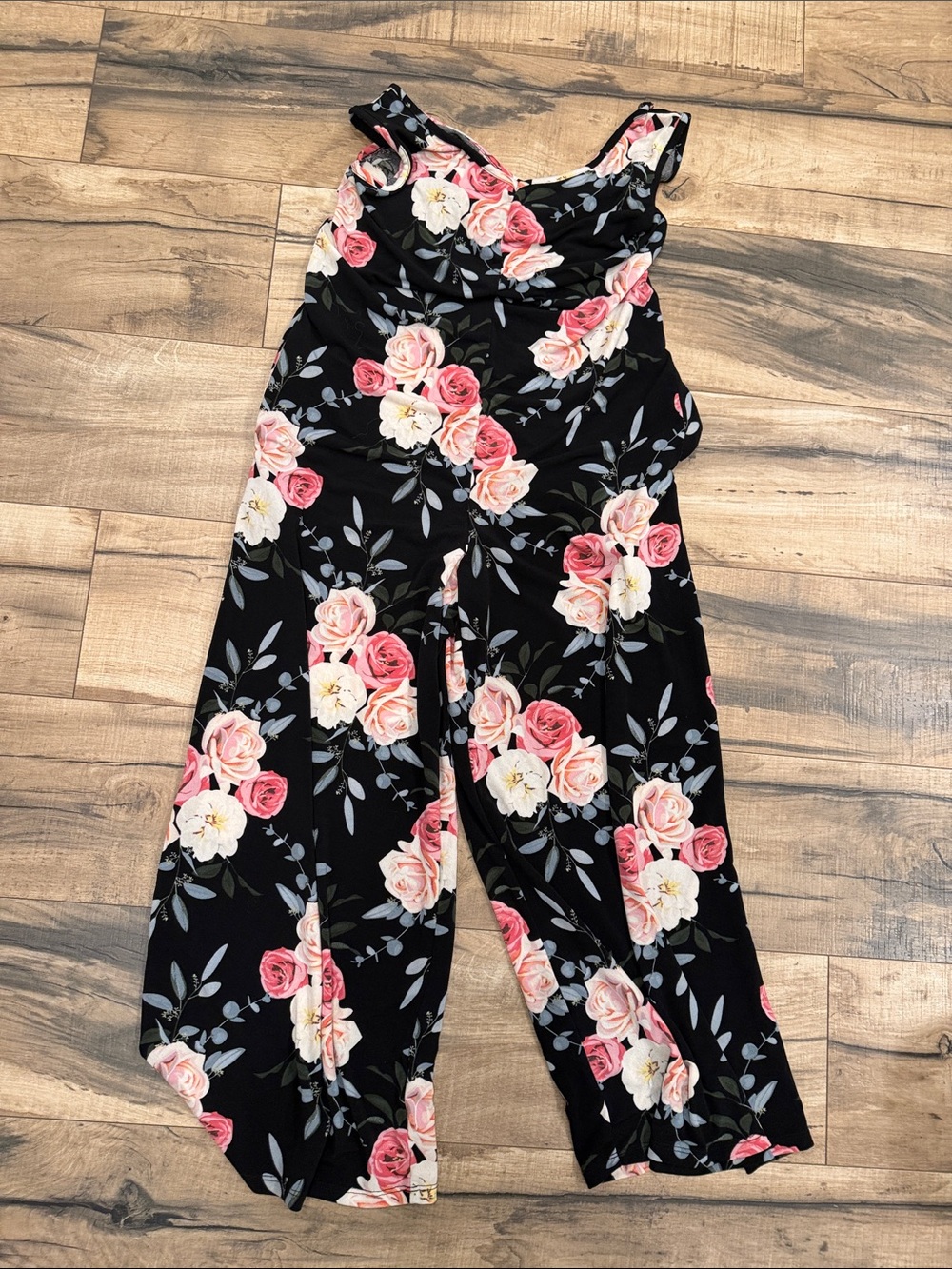 LuLaRoe Black Floral Wide-Leg Jumpsuit with Pink & White Roses